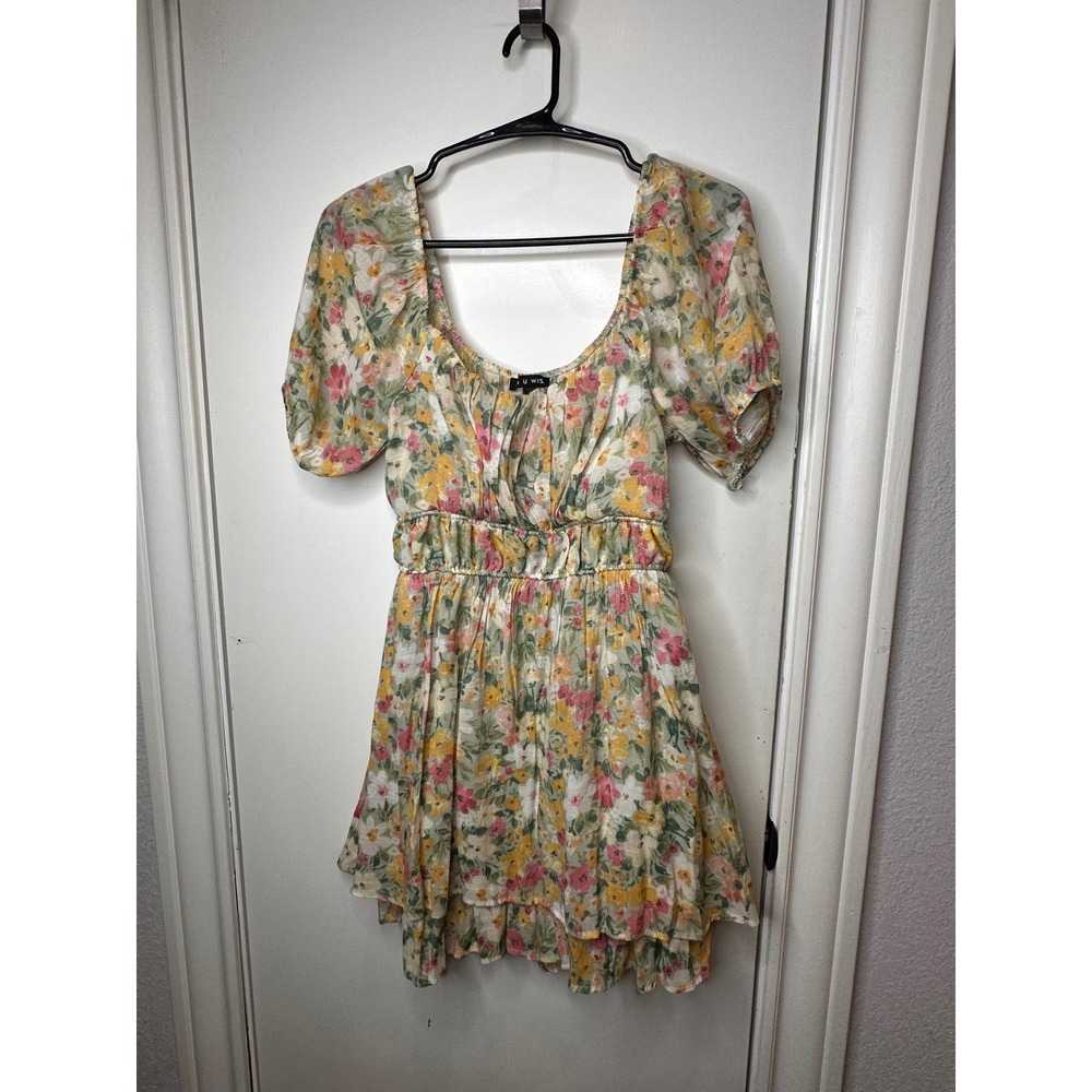 SU WISH Floral Puff Sleeve Mini Dress Yellow Pink Green Ruched Tiered Size M
